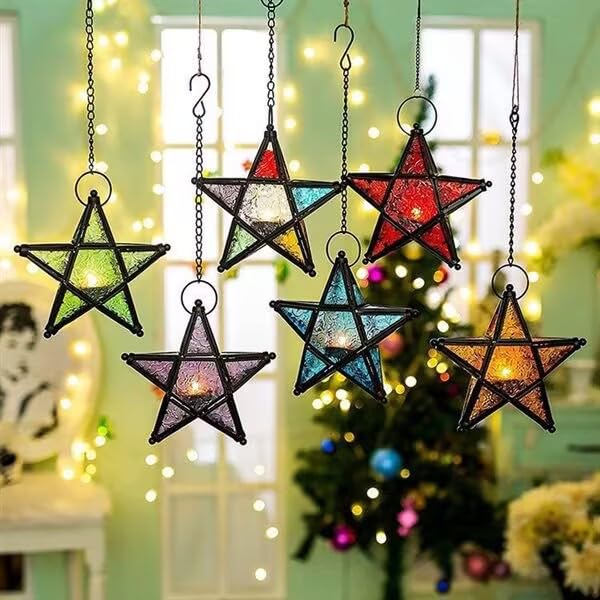 Morocco Metal Star Glass Lantern Wall Hanging Candle Holder for Decorative Wedding Party Home Decoration Birthday Party (Yellow) - color: Yellow