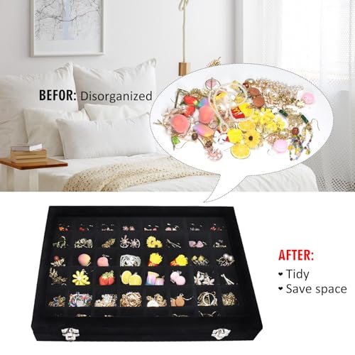 Vicoter Velvet Jewelry Tray 48 Compartments Jewelry Display Organizer with Transparent Cover Rings, Earrings, Necklaces, Pendants Storage Box for Girls, Wives, Mothers, Women - color: Black, size: 48 Grid