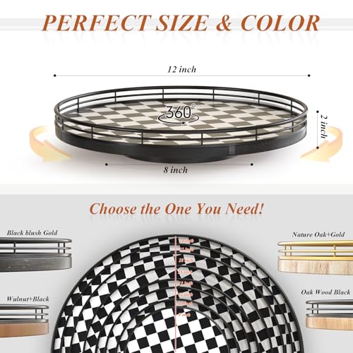 Black and White Kitchen Lazy Susan Turntable – Round Checkered Decorative Tray, 12” Table Top Oak Wood Lazy Susan for Cookies, Dining Table Organizer, Small Kitchen Table Centerpiece - color: Black & White, size: 12 inches