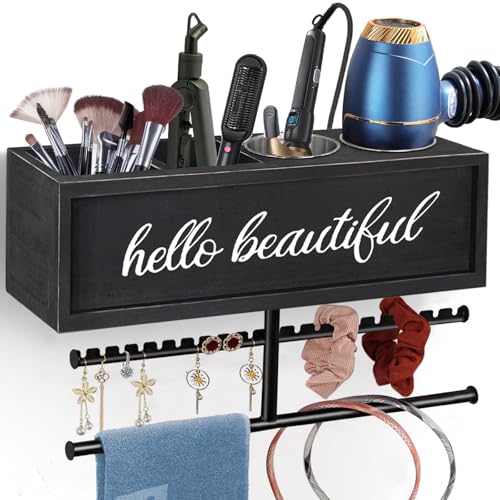 Rustic Hair Dryer Holder Wall Mounted,Hair Styling Tools & Accessories Organizer,Bathroom Supplies & hot Tools vanities Organizer Caddy,for Storage Flat Iron,Blow Dryer,Curling Iron,Towel - color: Black