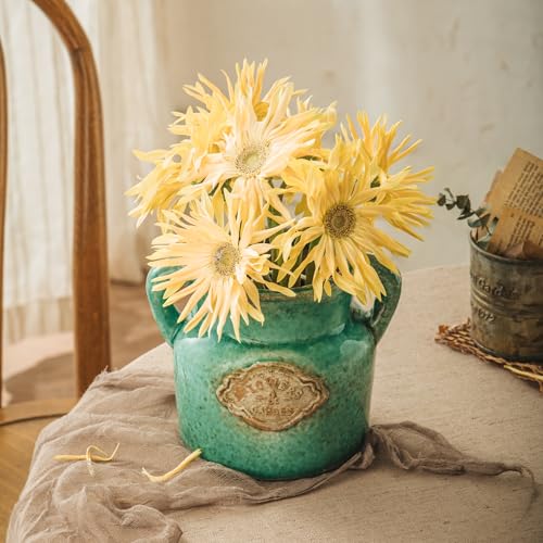 Green Rustic Ceramic Vase, 5.8 Inch Distressed Wide Mouth Vase with Ice Cracked Glazed, Farmhouse Vintage Flower Vases for Home Office Decor Living Room Bedroom Table Centerpiece Decorations - color: Green