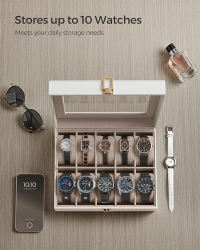 SONGMICS Watch Box, 10-Slot Watch Case Organizer with Large Glass Lid, Removable Pillows, Gift for Loved Ones, Cloud White Synthetic Leather, Cappuccino Beige Lining UJWB010W01 - color: Cloud White + Cappuccino Beige, size: 10 Slot