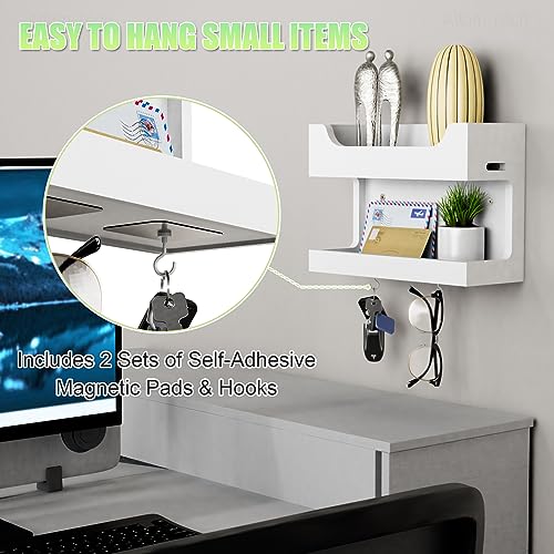 NiHome Wall Mounted Wooden Bedside Accessories Organizer, Double Tray Bedside Storage Shelf Rack with Magnetic Hooks, Bedroom Dorm RV Wall Caddy Holder for Phone Glasses Alarm Clock Remote (White) - color: White, size: Small