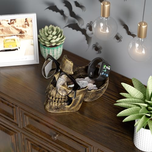 READAEER Skull Glasses Stand Holder, Creative Eyeglasses Holder, Sunglasses Spectacle Display Rack, Key Holder Resin Sculptures for Entryway, Home, Office, Desk, Nightstand (Bronze) - color: Bronze