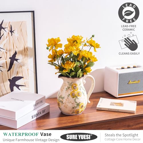 for Mom from Daughter or Son, Sunflower Vintage Ceramic Yellow Floral Pitcher Vase with Handle 7.9”, Rustic Farmhouse Chinoiserie Vase, Grandmillennial Decor for Living Room - color: Yellow Sunflower - 004