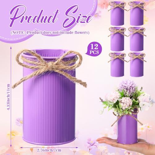 Rustic Vase for Table Centerpieces 4.33 Inch Small Petite Flower Vase with Twine Bow Vintage Farmhouse Decor for Wedding Reception Dining, Home Galvanized Metal Buckets(Purple,12 Pcs) - color: Purple