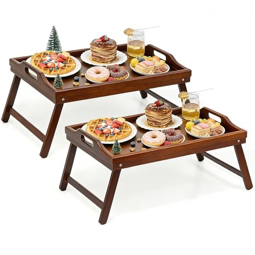2 Pack Bed Tray Table Breakfast Trays Serving Tray Bamboo Bed Laptap with Floding Legs Handles and Phone Holders - style: 2 pack(Walnut)