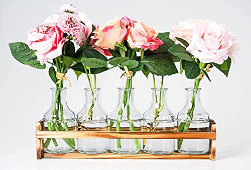 Le'raze Glass Flower Vase with Wooden Holder, Set of 6 Rectangular Bud Vases for Home Decor, Wedding, Mother's Day, Clear Glass, Metal Stand