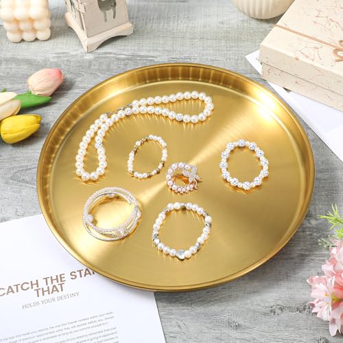 3 Pcs 12 Inch Gold Round Serving Tray, Stainless Steel Decorative Plate for Jewelry Makeup Organizer, Vanity Bathroom Coffee Table Dessert Display