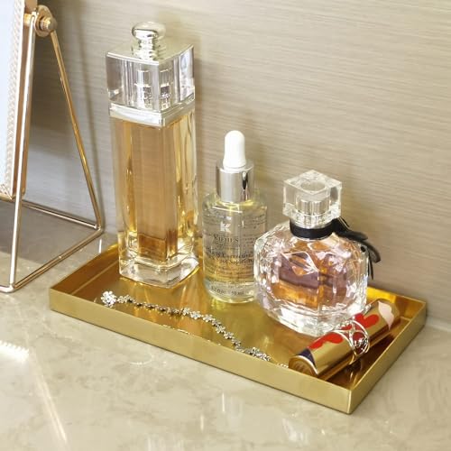 Freelove Sanding Gold Metal Vanity Tray Lettering, Perfume Organizer Jewelry Holder Makeup Dish Catchall Candle Plate Decorative for Dresser Counter Bathroom Desk Home Preppy Room Decor, 4''X8'' - size: 8" x 4.1" x 0.6"