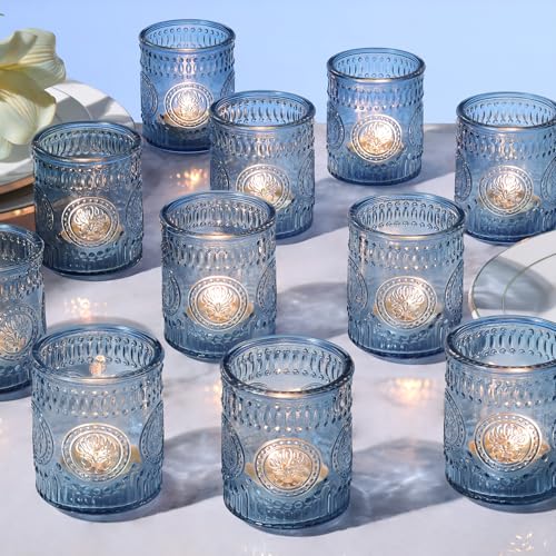 MATAHUM 24 Pcs Blue Votive Candle Holders, Glass Tealight Candle Holders for Wedding Table Centerpiece, Home Decor, Birdal Shower, Party - color: Blue