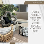 Tasse Verre White Beaded Decorative Tray Set (2-Pack) - 11.5 inch & 13 Inch - Round Rustic Decor Wooden Serving, Distressed Farmhouse Design Centerpiece for Coffee Table, Ottoman, Kitchen & Home