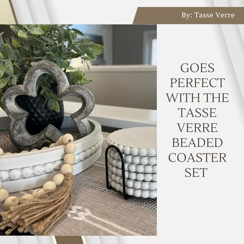 Tasse Verre White Beaded Decorative Tray Set (2-Pack) - 11.5 inch & 13 Inch - Round Rustic Decor Wooden Serving, Distressed Farmhouse Design Centerpiece for Coffee Table, Ottoman, Kitchen & Home
