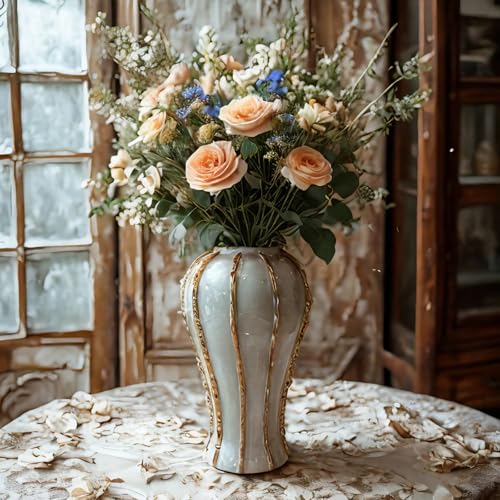 White and Gold Vases for Centerpieces,White Gold Ginger Jars for Home Decor,Large Gold Vases for Kitchen Counter,Vintage Vase with Lid,Birthday Anniversary (18 in) - color: White Gold-a, size: 18 in