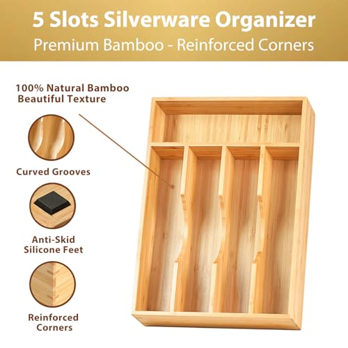 Umilife Bamboo Kitchen Drawer Organizer, 8.25 Inch Silverware Utensils Tray Holder for Small Drawer, Wood Caddy for Flatware Cutlery Knives - size: 8.25 x 13 inch (5 Slots)
