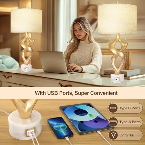 Scenekoy Sculptural Resin Table Lamp Set of 2 with USB Ports for Bedroom Living Room, 31” Big Gold Leaf Marble Base Bedside Lamps, Pull Chains Switch Modern Nightstand Lamp for Home Room Decor - size: 31 inches Gold Leaf -028-SL