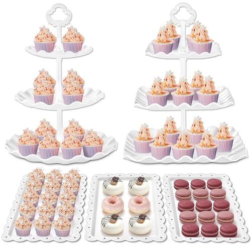 Kootek Dessert Cupcake Stand, 5pcs Dessert Table Display Set, 3 Tiered Cup Cake Holder Tower Stand Riser& Cookie Serving Trays for Wedding, Tea Party, Birthday, Baby Shower - color: Bright White, size: 5 Set