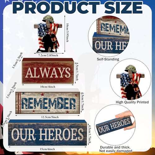 CroBlissful 4 Pcs Memorial Day Decorations 4th of July Patriotic Tabletop Decoration Red White Blue Table Centerpieces Alway Remember Our Heroes Sign for Tiered Tray Home Shelf 250th Anniversary - style: 4th of July
