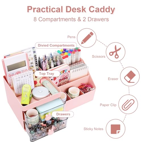 Meiikun Desk Organizer, Makeup Organizer with 2 Drawers, 7 Compartment & a Top Tray, Desktop Organizers and Storage for Women, Cute Home organization Bathroom, 11" x 5.7" x 4.7" (Pink) - color: 8 Compartments + 2 Drawer (Pink)