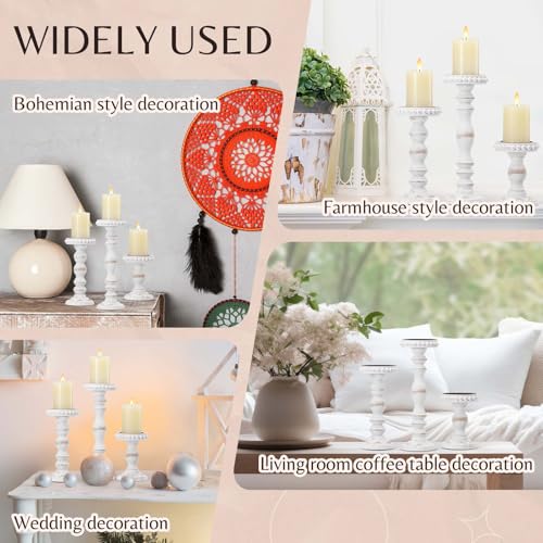 Mumufy 3 Pcs Candle Holders for Pillar Candles Rustic Farmhouse Home Decor Decorative Washed Beaded White Black Wood Candle Holder Country Style for Table Mantel Fireplace Wedding(White,Large) - color: White, size: Large