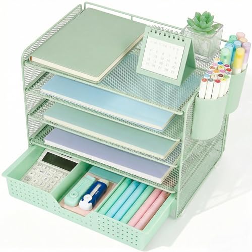 LEKETREE Desk Organizers and Accessories, 5-Tier Paper Letter Tray Organizer with Drawer & 2 Pen Holders, Desktop Organizer for Office Supplies (Green) - color: Green, size: 12" x 8" x 10"