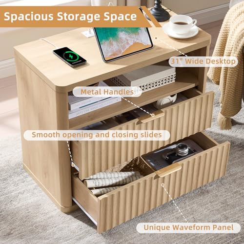 LEYAOYAO 31" Wide Fluted Nightstand with Charging Station, Oversized Extra Large 2 Drawers Night Stand,Natural Wood Bedside Table,Tall Bed Side End Tables,Modern Chest of Drawers Dressers for Bedroom - color: Natural, size: 2 Drawers