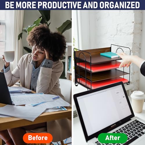 4-Tier Office Organizer, Desk File Organizer with Wood Patterned Shelves, Office Supplies Desktop Organization for Storage of Paper, Bills, Letters, Multi-Functional Desk Organization and Accessories - color: Wood