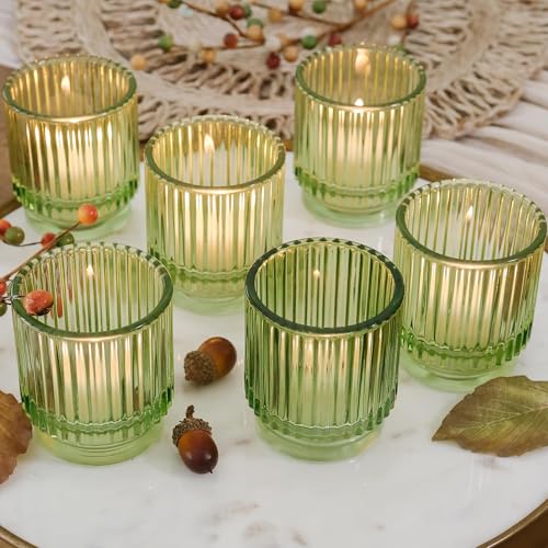 Kate Aspen Vintage Ribbed Glass Candle Holder Decor, Green Votive Candle Holders for Holiday Table Decor, Tealight Candles Holder Glass (Set of 6), Dinning & Christmas Table Decoration Tablescape - color: Green