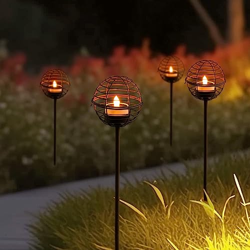 Solar Pathway Lights Outdoor, Rust Iron Ball Candle Holder Stake with Flickering Solar Powered Tea Lights, Perfect Decorative Garden Lighting for Yard Lawn Patio Landscape Decor Outside-4Pack - style: 4PK Stake Lights