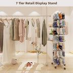 Upgraded Retail Display Stand 7 Tier Spinning Display Stand, Movable Shop Spinner Rack with Hooks, Retail Display Racks for Jewelry Keyring Hats Socks Toys (White) - color: White, style: 7 Tier-5 wheels