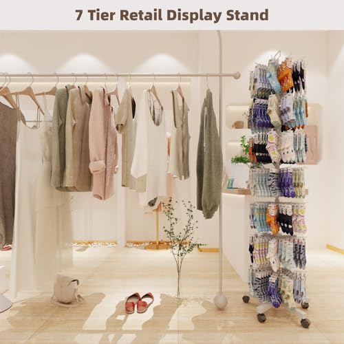 Upgraded Retail Display Stand 7 Tier Spinning Display Stand, Movable Shop Spinner Rack with Hooks, Retail Display Racks for Jewelry Keyring Hats Socks Toys (White) - color: White, style: 7 Tier-5 wheels