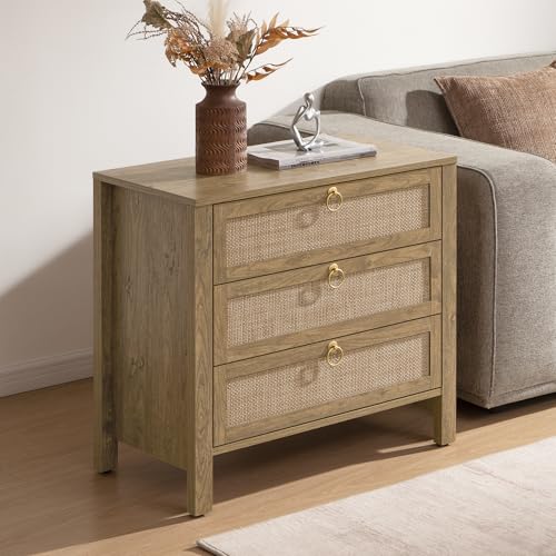 SICOTAS Night Stand with Drawers, Large Rattan Bedside Table with Golden Handle, 3 Drawers Nightstand Tall End Table Side Table Boho Nightstand for Bedroom - color: Carbon Cherry