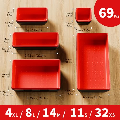 [5 Sizes] [69 PCS] Tool Drawer Organizer, Desk Tray, Rolling Chest, Toolbox (Black+Red) - color: Black+Red
