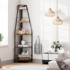 Gemfueque Versatile 66-Inch Tall Corner Shelf, 5-Tier Ladder Bookshelf, Easy Assembly Black Metal Frame Wood Shelf for Living Room, Bedroom, Home Office