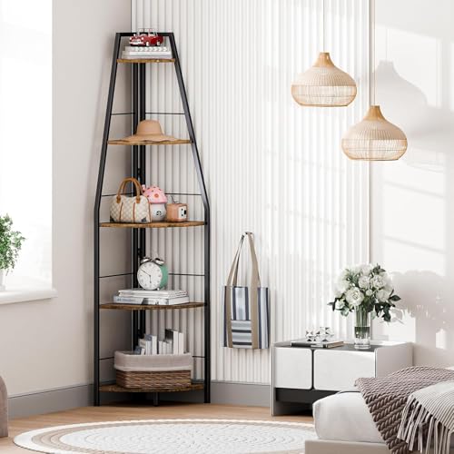 Gemfueque Versatile 66-Inch Tall Corner Shelf, 5-Tier Ladder Bookshelf, Easy Assembly Black Metal Frame Wood Shelf for Living Room, Bedroom, Home Office