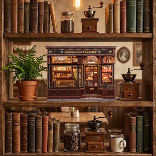 Fsolis Book Nook Kit - DIY 3D Wooden Puzzles for Adults Coffee House with Cat Diorama Booknook Bookstore Mini House Building Kit Gifts for Women Readers Book Lovers (Corner Coffee Shop) - style: Corner Coffee Shop