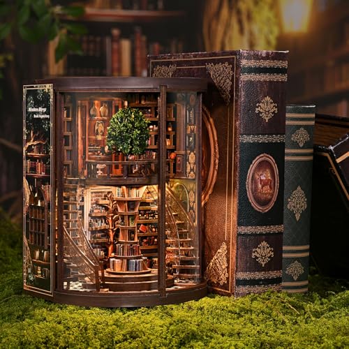 Book Nook Kit - Wisdom Rings Book Archive - Wooden Bookend and 3D Puzzle with LED Light, DIY Set for Adults, Bookshelf Decoration Diorama Kit, for Birthdays