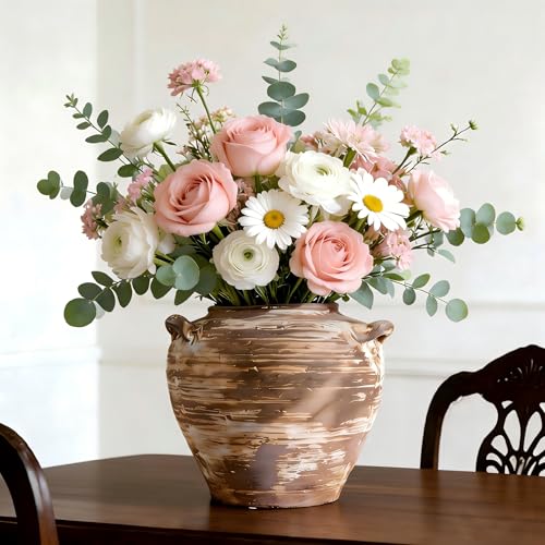 Ceramic Flower Vase 7 inch Rustic Farmhouse Vase with Handles for Home Decor Vintage Decorative Vases for Bookshelf, Table, Mantle Fireplace, Living Room, Bathroom, Wedding Retro Brown - color: 7 Inch-retro