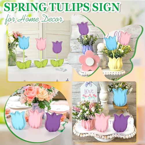 3 Pcs Spring Table Decorations Tulip Wooden Set Tabletop Farmhouse Spring Tiered Tray Decor Hello Spring Decorations for Home (Tulip)
