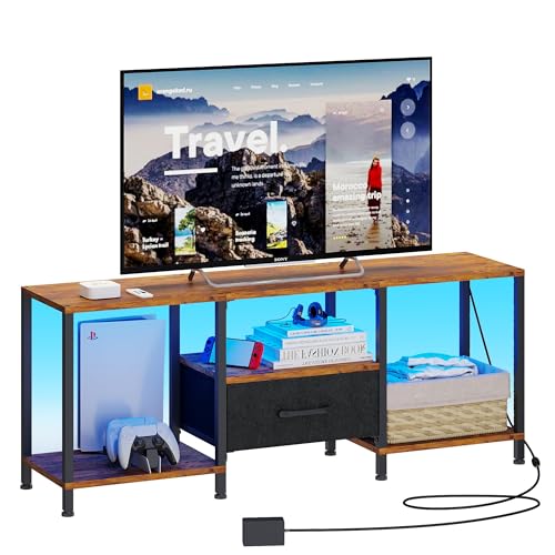 JARHETUN TV Stand with LED Lights, Entertainment Center with Open Shelves and Fabric Drawer, Media Console for 55 Inch TV, Television Stands, Living Room Furniture, Bedroom, Rustic Brown - color: Rustic Brown With Led Light, size: 46.1 Inches