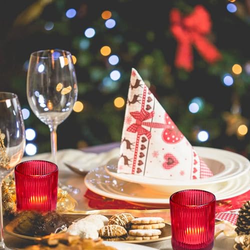 VOHO Red Candle Holders Set of 12, Ribbed Glass Votive Candle Holders Bulk for Holiday/Party Decorations, Tea Lights Candle Holder Wedding Centerpieces for Tables - color: Red