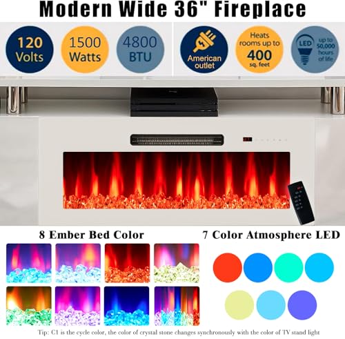 AMERLIFE Fireplace TV Stand with 36" Fireplace, 70" Modern Fireplace Entertainment Center LED Lights, 2 Tier TV Console Cabinet for TVs Up to 80", White & White - color: White & White, size: 70"