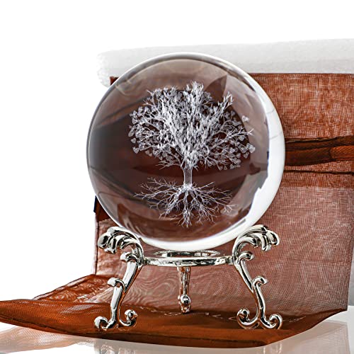 H&D HYALINE & DORA 60mm Tree of Life Crystal Ball with Stand Decorative Paperweight 3D Laser Engraved Glass Plant Life Tree Sphere Novelty Home Decor - color: 60mm Tree of Life