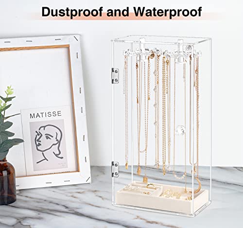 Necklace Holder, Acrylic Jewelry Organizer with 24 Hooks, Rotation Clear Necklaces Pendant Display Case Stand, Dust-proof Velvet Tray Hanging Rack Storage for Earrings Rings