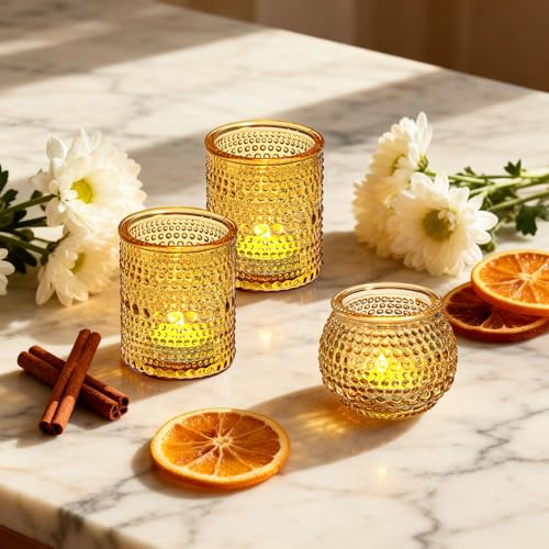 Rubtlamp Amber Votive Candle Holders Set of 24, 12Pack 2.1 * 2.7inch Glass Vintage Candles Holder 12Pack 2.1 * 2.1inch Tea Lights Candle Holders for Table Centerpiece Wedding Decor Home Decoration - color: Amber