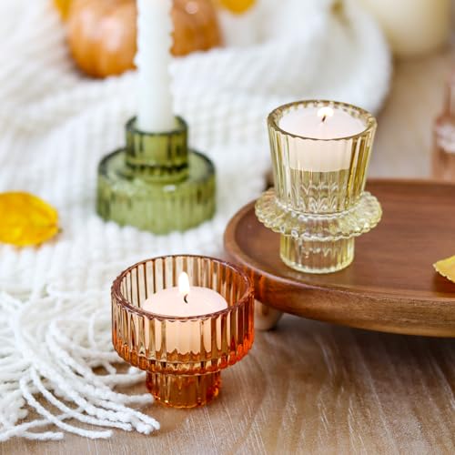 Brown Candlestick Holders 6PCS for Tealight Candle Stick Candles, Ribbed Glass Taper Candle Holders Set, Table Centerpieces for Thanksgiving Christmas Farmhouse Decor Indoor and Outdoor - color: Brown