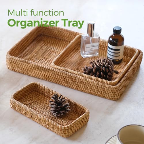 Rattan Serving Tray, Rectangle Basket Set of 3, Wicker Storage and Organizing Baskets, Natural Decorative Woven Tray for Home Decor, Bathroom, Kitchen Counter - style: Set of 3