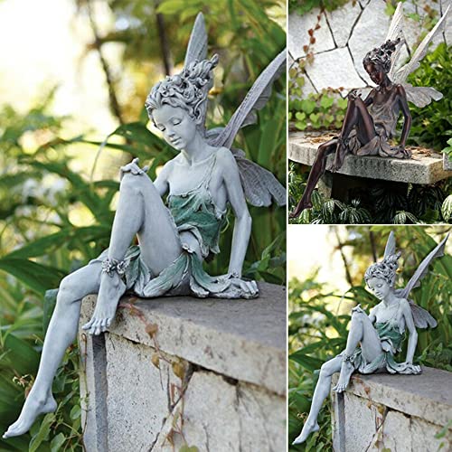 Fairy Garden Figurines Outdoor, Hand-Painted Sitting Fairy Statues, Resin Garden Sculptures, Angel Figurines for Garden, Windowsill & Fairy Lovers Gift - color: White