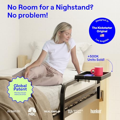 BedShelfie Wood Bedside Shelf for Bunk Bed & Top Bunk, College Dorm Room Essentials, Loft Nightstand, Floating Bed Side Table Tray Storage, Dorm Room Decor By Smallish - (Flexfit Bamboo Model, Black)