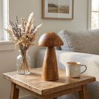 Solid Teak Wood Mushroom Decor, Handmade Wooden Sculpture Rustic Boho Tabletop Accent, Natural Wood Grain Home Decoration Figurine for Living Room, Shelf, Coffee Table Indoor Decor